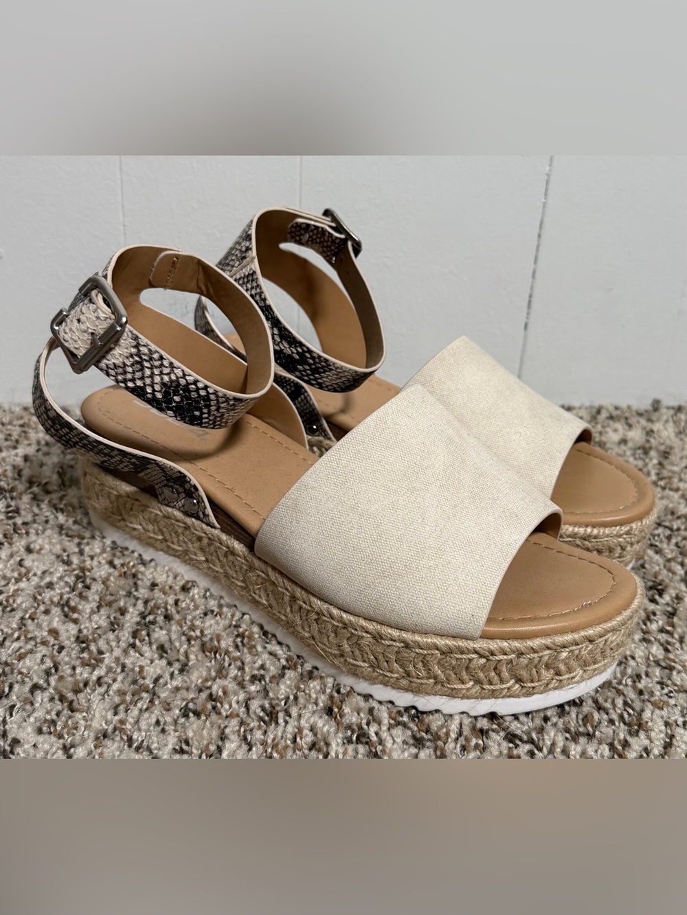 Soda Wedge Snakeskin Print Strap Sandals